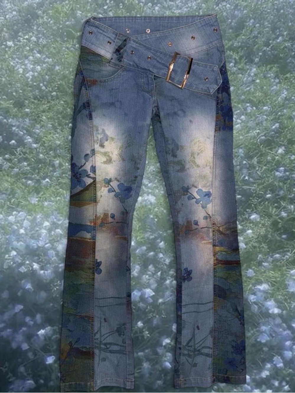 Jaded London Blue Floral Wide-Leg Jeans with Belt